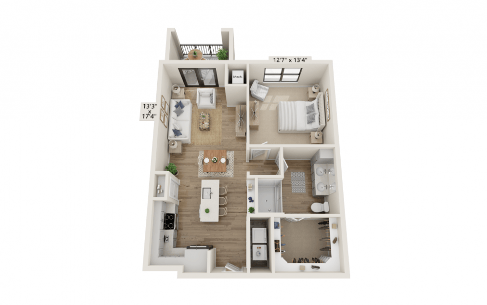 1B - 1 bedroom floorplan layout with 1 bathroom and 871 square feet (3D)