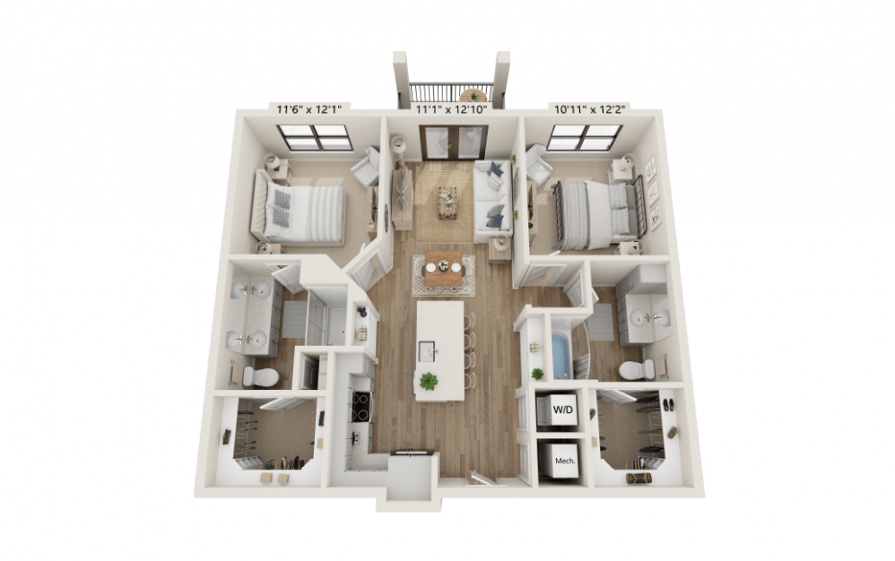 2C - 2 bedroom floorplan layout with 2 bathrooms and 1027 square feet (3D)