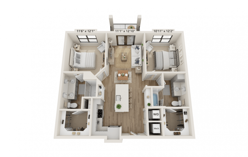2C - 2 bedroom floorplan layout with 2 baths and 1012 square feet. (3D)