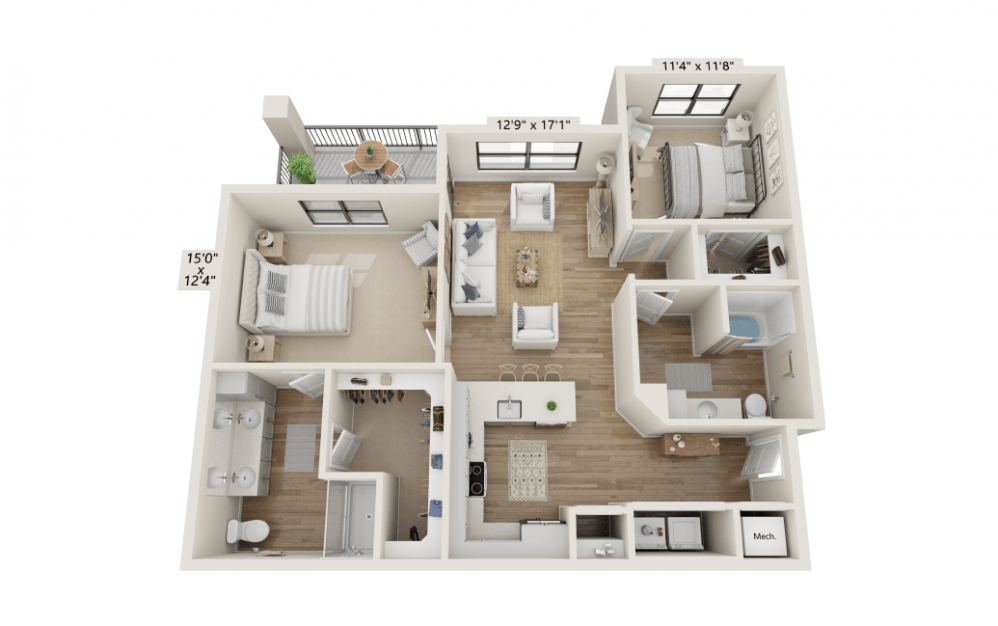 2D - 2 bedroom floorplan layout with 2 bathrooms and 1228 square feet (3D)