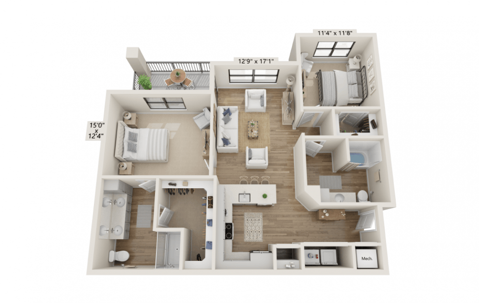 2D - 2 bedroom floorplan layout with 2 baths and 1165 square feet. (3D)