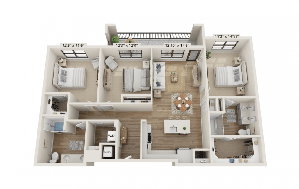3B - 3 bedroom floorplan layout with 2 baths and 1400 square feet. (3D)