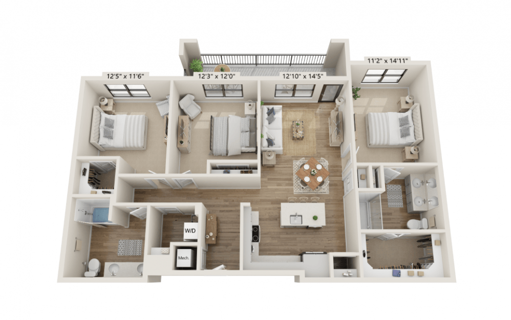 3B - 3 bedroom floorplan layout with 2 bathrooms and 1468 square feet (3D)